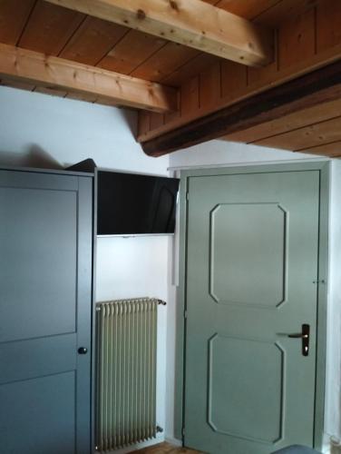 two green doors in a room with a wooden ceiling at Cèsa Viosadea in Campitello di Fassa