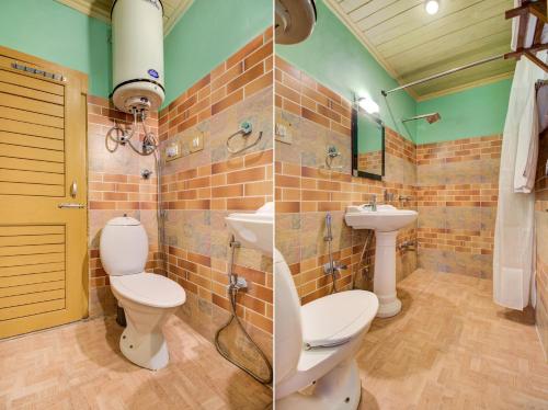 two pictures of a bathroom with a toilet and a sink at Hotel Little Silver in Pahalgām