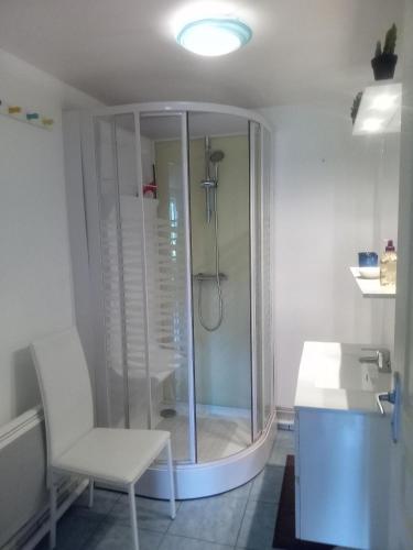 ein Bad mit einer Dusche, einem Stuhl und einem Waschbecken in der Unterkunft chez Florence, chambres d'hôtes , Montrol Sénard 