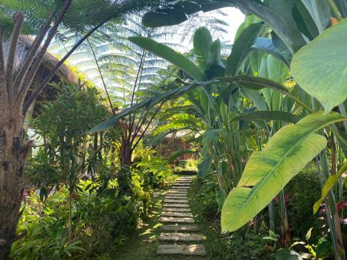 un chemin à travers un jardin planté d'arbres et de plantes dans l'établissement Lembah Cinta Mayungan, à Baturiti