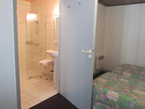 een kamer met een bed en een badkamer met een douche bij Auberge de l'Arzon in Chomelix