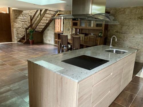 a kitchen with a sink and a counter top at Eido do Rei - Hospedaxe rural in Ponteareas
