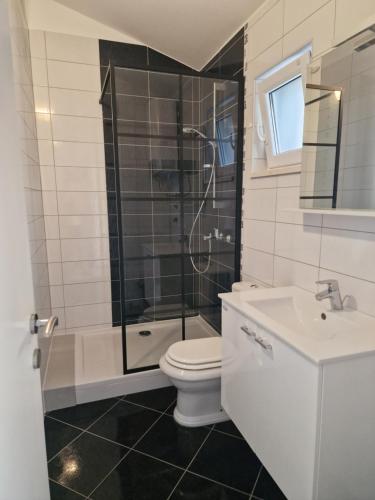 uma casa de banho com um chuveiro, um WC e um lavatório. em Apartment NiNa em Baska Voda