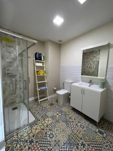 a bathroom with a shower and a toilet and a sink at El corazon de la Luna in Badajoz