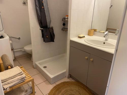 een badkamer met een wastafel, een douche en een toilet bij Appartement TETHYS in Sète
