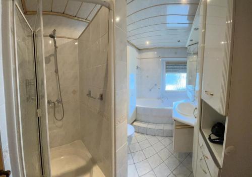 ein Bad mit einer Dusche, einem WC und einem Waschbecken in der Unterkunft Ferienwohnungen am Playmobilpark in Oberasbach