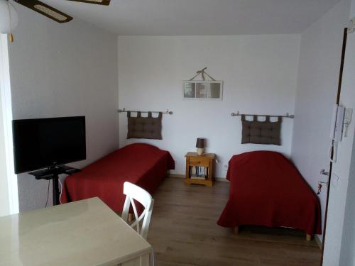 2 Betten in einem Zimmer mit einem Tisch und einem TV in der Unterkunft Les Bastides in Gréoux-les-Bains