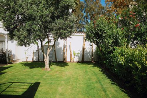 a yard with a tree and a white fence at Lavinya Otel in Golturkbuku