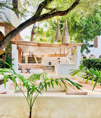 a patio with a hammock and a tree at Banana House and Wellness Centre in Lamu