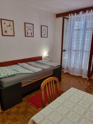 a bedroom with a bed and a table with a chair at Apartments Jelena in Peroj