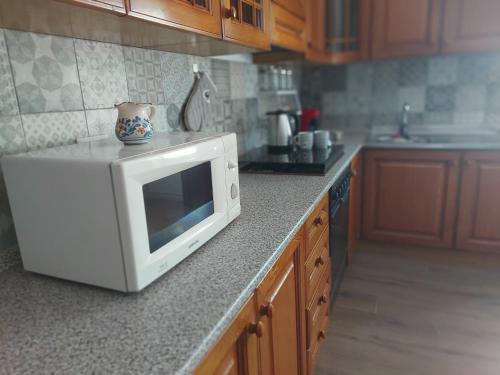 a kitchen with a white microwave on a counter at VILLA L&M in Floridia