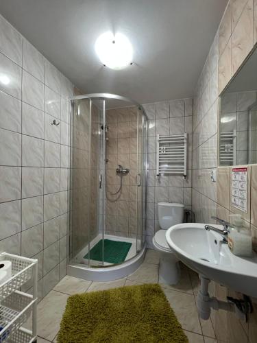 a bathroom with a shower and a toilet and a sink at Trzynastka in Ustronie Morskie