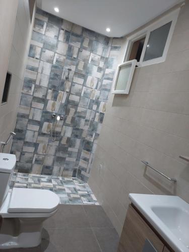 een badkamer met een douche, toilet en wastafel bij Mogador Authentique T6 in Essaouira