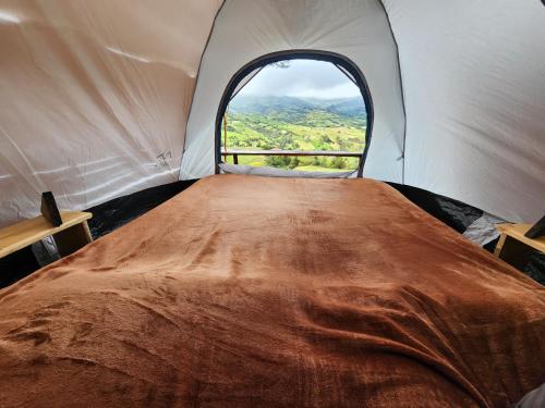 a tent with a large bed in it with a window at Carpe Diem in Guatavita