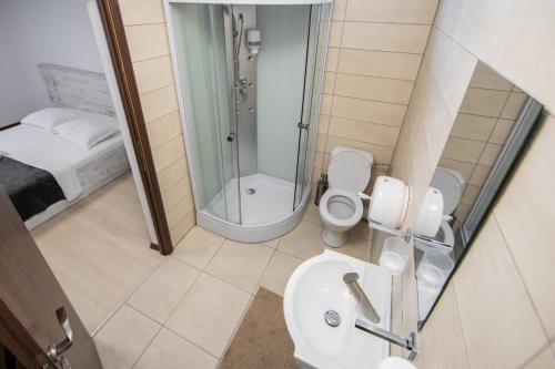 a bathroom with a shower and a toilet and a sink at Casa Arcadia 2 piscina,ciubar in Merei