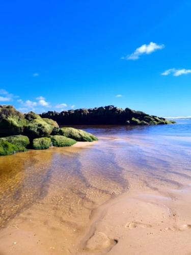 - une vue sur une plage de rochers et d'eau dans l'établissement Superbe studio à 8mn en voiture de la plage, à Linxe