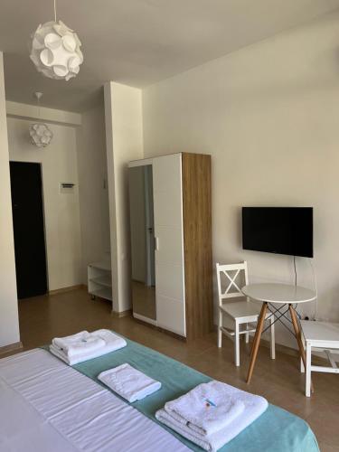 a bedroom with a bed and a tv and a table at Aparthotel Shekvetili S in Shekhvetili