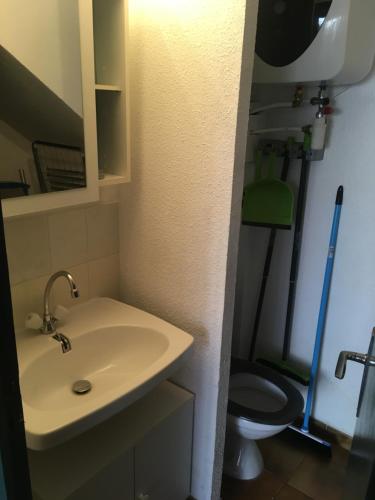 une salle de bain avec un lavabo et des toilettes dans l'établissement T2 rez de jardin Saint Pierre la mer, à Fleury