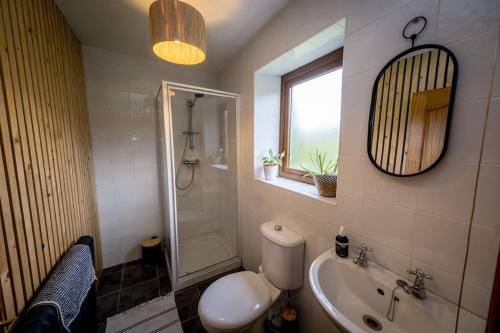 y baño con aseo, lavabo y ducha. en Water and Wildwood - The Bothy Cottage, en Muff