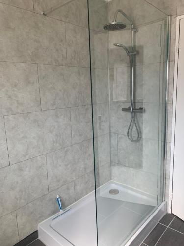 um chuveiro com uma porta de vidro e uma banheira em Chez Georges et Rosa em Ingersheim