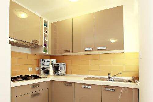 uma cozinha com armários castanhos e um lavatório em Apartments Stanic em Ravni