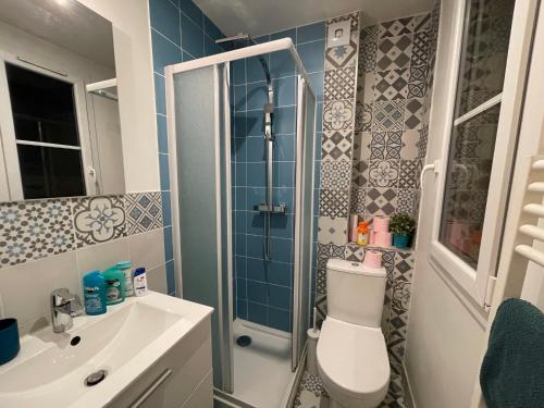 W łazience znajduje się prysznic, toaleta i umywalka. w obiekcie Design apartment in the heart of Paris w Paryżu