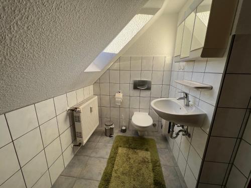 a bathroom with a sink and a toilet at Landhaus am Teich in Lohmen