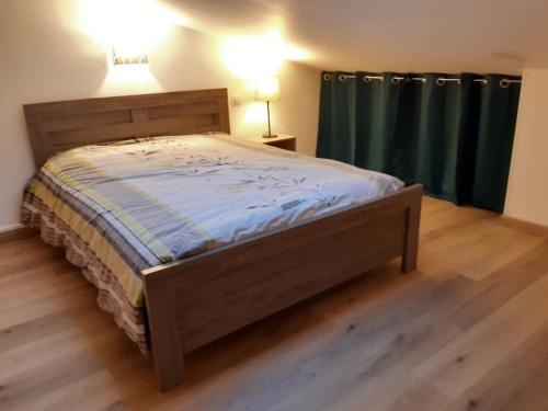 ein Schlafzimmer mit einem Bett und einem grünen Vorhang in der Unterkunft Appart Cocooning in Périgny
