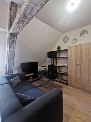 un salon avec un canapé bleu et une télévision dans l'établissement La Marmotte de la Cathédrale - Calme - Jardin, à Troyes