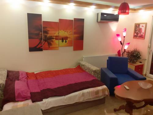 a room with a bed and a table and some paintings at Hacijenda Vidikovac in Šabac