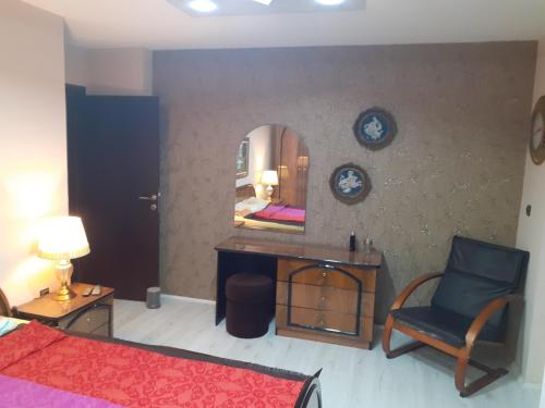 a bedroom with a bed and a desk and a mirror at Hacijenda Vidikovac in Šabac