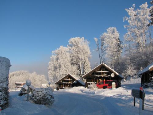 a winter scene of a lodge with snow covered trees at Nuustaku Guesthouse in Otepää