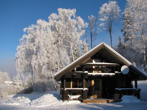 a cabin in the snow with snow covered trees at Nuustaku Guesthouse in Otepää