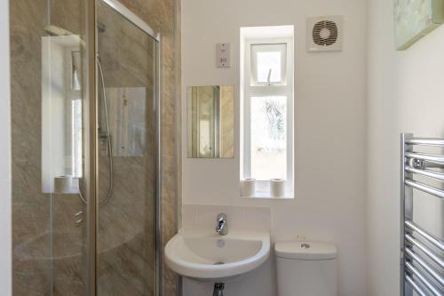 a bathroom with a toilet and a sink and a shower at Deluxe Kipling Villa with Sea Views in Bideford