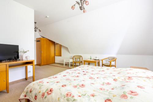 a bedroom with a bed and a desk and a tv at Willa Bór in Zakopane