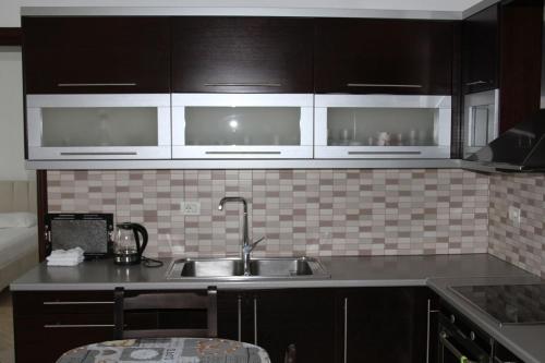 - une cuisine avec des placards noirs et un évier dans l'établissement Cheerful 3-Bedroom Private Villa in Borsh!, à Borsh