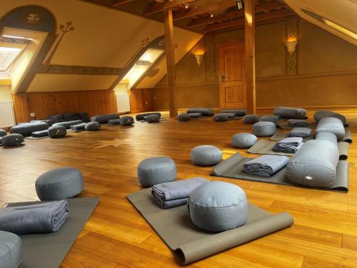 Habitación grande con muchas esterillas de pilates en el suelo en Biolandhaus Arche, en Eberstein