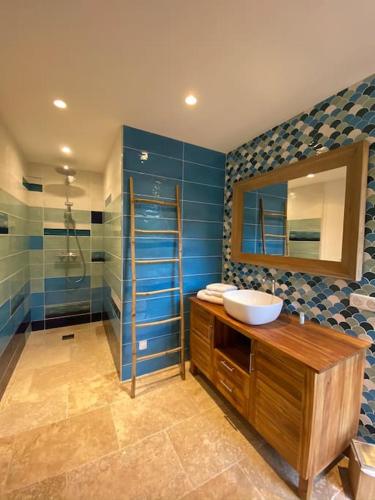 une salle de bain avec un lavabo et une douche avec un miroir dans l'établissement Villa CARIOCA St Tropez, à Saint-Tropez