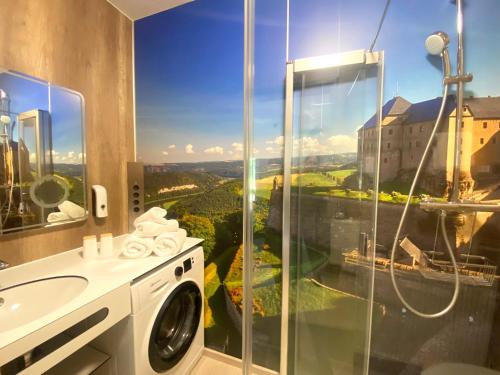 a bathroom with a shower and a washing machine at Hotel Garni Neue Schänke in Königstein an der Elbe