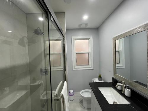 a bathroom with a shower and a sink and a toilet at Renovated Home - Walk to Falls & Tourist District in Niagara Falls