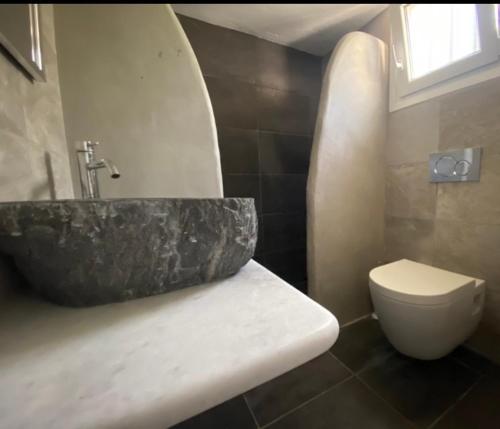 a bathroom with a stone sink and a toilet at Villa Ambelas - Traditional House in Ambelas