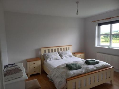 um quarto com uma cama com duas almofadas em Buncrana Class 5 double bed em Buncrana