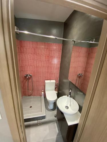 a small bathroom with a toilet and a sink at Voulas suites in Eleftheroúpolis