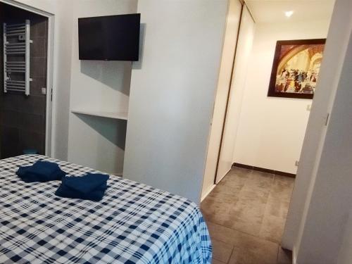 una camera con un letto con una coperta blu a scacchi di Appartement Disneyland Paris a Bussy-Saint-Georges