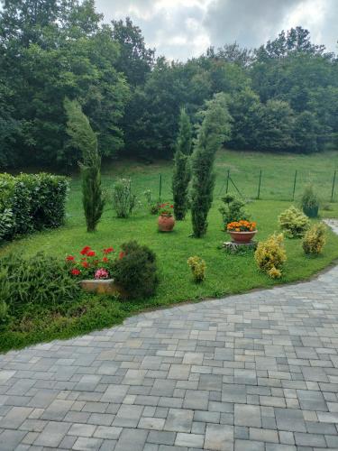 a garden with flowers in pots on the grass at Casa relax immersa nel verde della natura in Casalborgone
