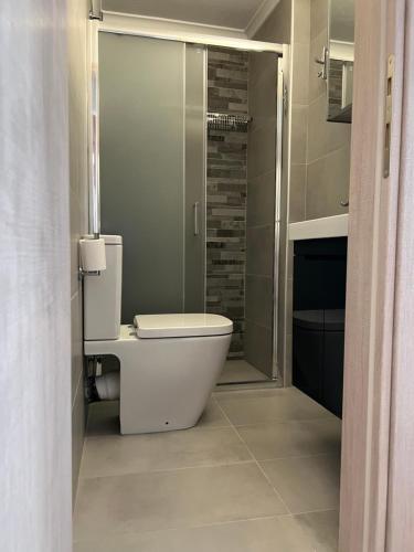 a bathroom with a toilet and a shower at Loutraki apARTment in Loutraki