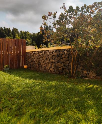 a stone wall in a yard with a tree at Palmtree 37 Al in Praia da Vitória
