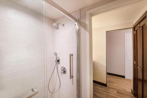 bagno con doccia e porta in vetro di Sheraton Ann Arbor Hotel ad Ann Arbor