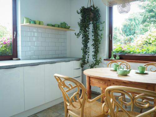 kuchnia ze stołem i krzesłami oraz oknem w obiekcie Apartamenty Świętego Wita w Żywcu
