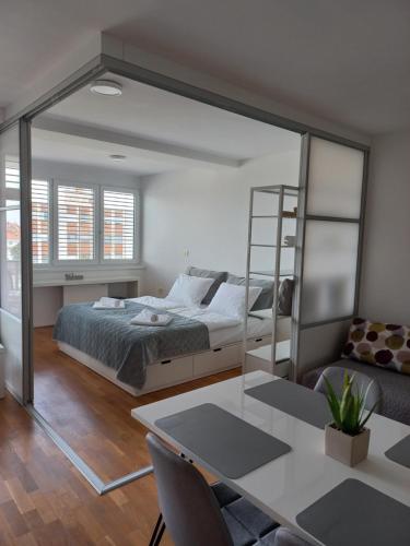 1 dormitorio con cama y espejo grande en Koper's door Apartment, en Koper